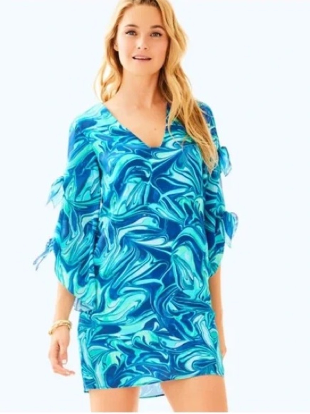 Lilly Pulitzer Avila Stretch Silk Dress in Ikat Blue Ocean Waves Sz M